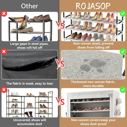 ROJASOP 10 Tier Shoe Rack with Covers Large Capacity Stackable Tall Shoe Shelf Storage for 50-55 Pairs Shoe and Boot, Sturdy Free Standing Shoe Rack Organizer for Closet, Entryway, Bedroom