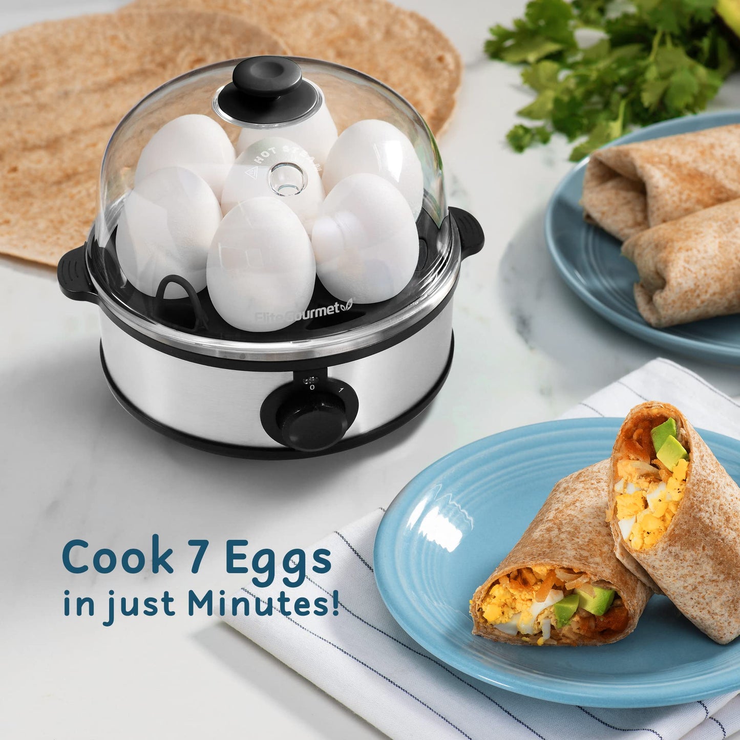 Elite Gourmet EGC-007## Rapid Egg Cooker, 7 Easy-To-Peel, Hard, Medium, Soft Boiled Eggs, Poacher, Omelet Maker, Auto Shut-Off, Alarm, 16-Recipe Booklet, BPA-Free, White