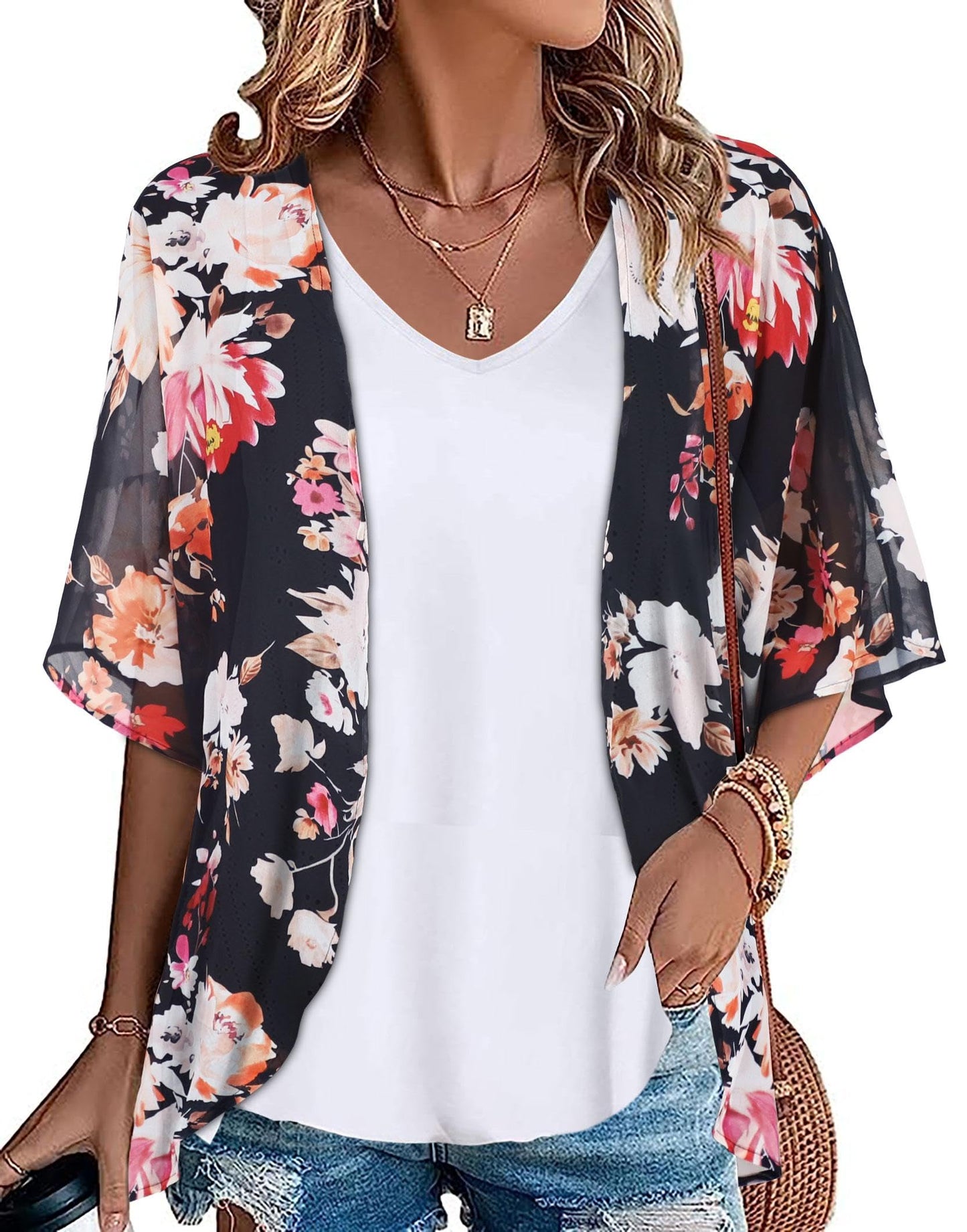 Womens Kimono Beach Cover Up Chiffon Cardigan Floral Tops Loose Capes