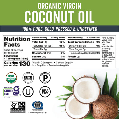 Viva Naturals Organic Coconut Oil - Unrefined, Cold-Pressed Extra Virgin Coconut Oil, USDA Organic and Non-GMO Cooking Oil, Great as Hair Oil and Skin Oil, 16 fl oz