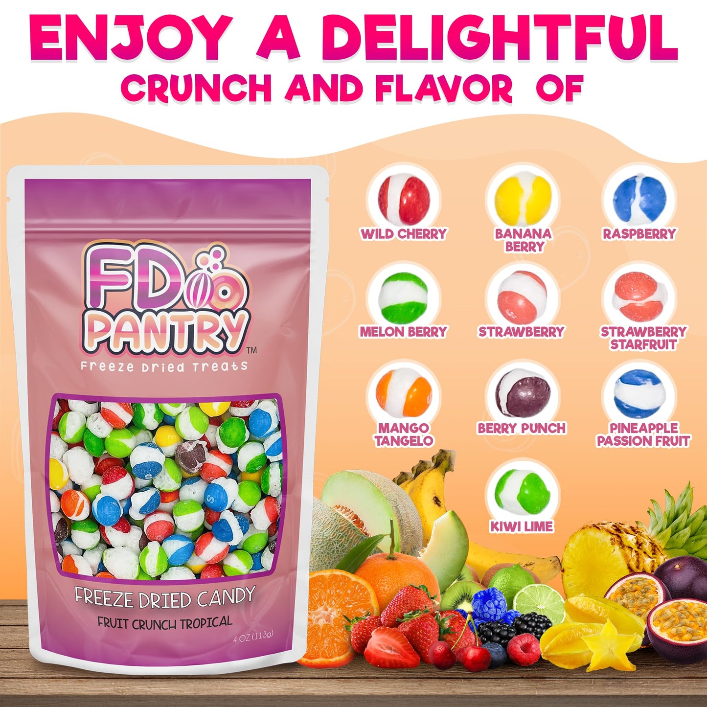 Fruit Crunch Original Candy Freeze Dried 16 oz 1 pound - Assortment Strawberry, Orange, Lemon, Grape, Lime Flavors Large 1lb Big Bag Pouch - Ideal Gift Snack 16oz