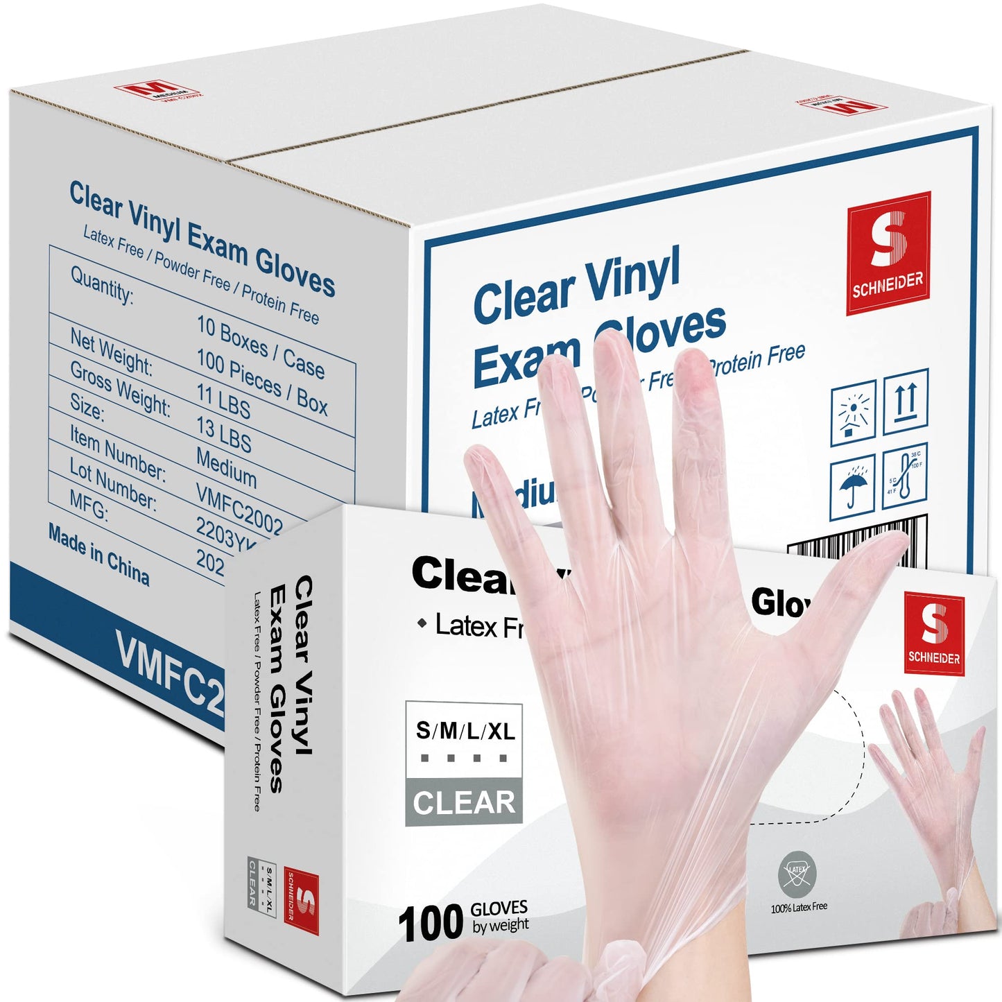 Schneider Clear Vinyl Exam Gloves, Latex-Free, Disposable Medical Gloves, Cleaning Gloves, Food Safe, Powder-Free, 4 mil