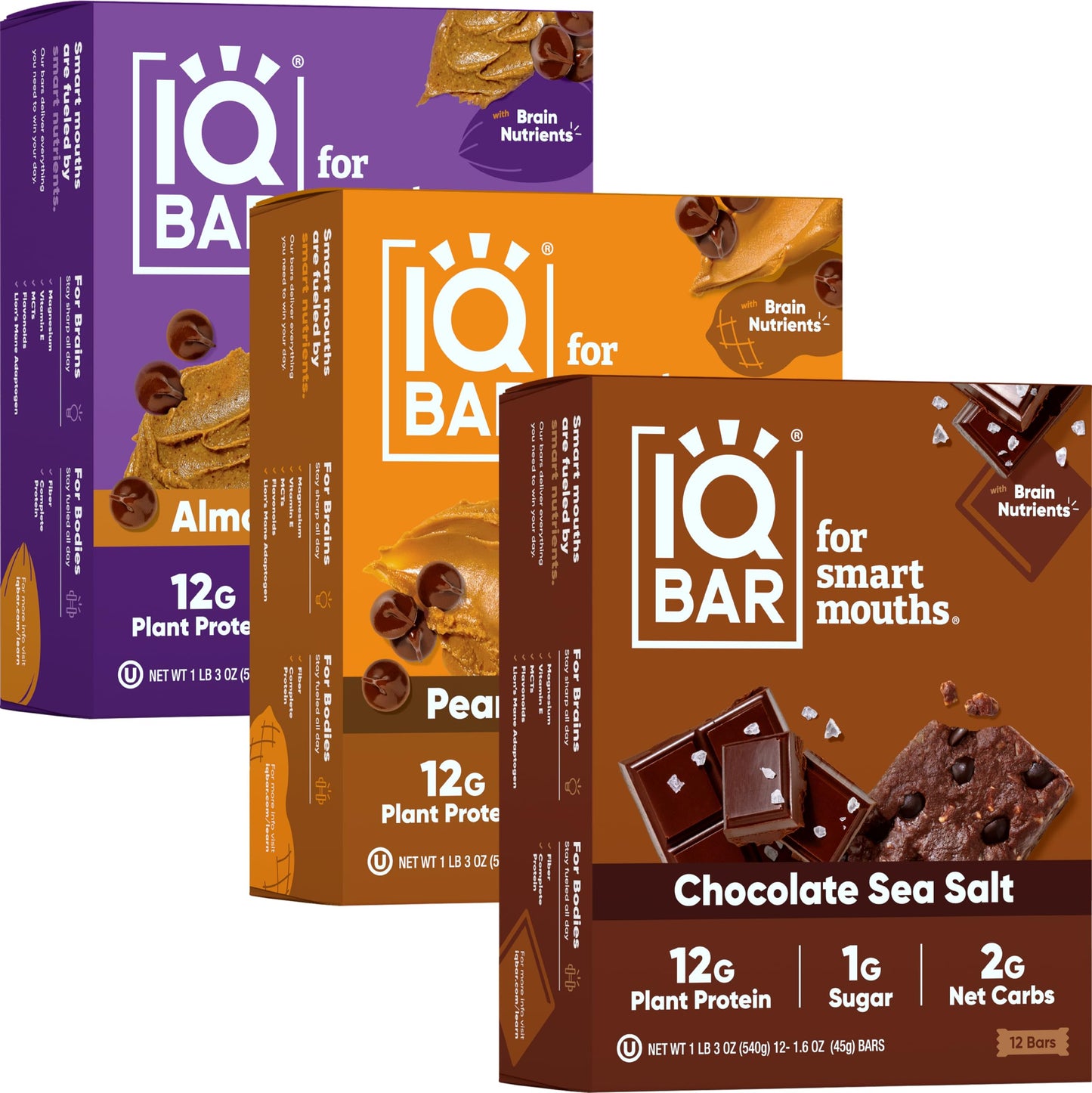 IQBAR Brain and Body Plant Protein Bars - Almond Butter Chip - 12 Count, Low Carb, High Fiber, Gluten Free, Vegan Snacks - Low Sugar Keto Energy Bars