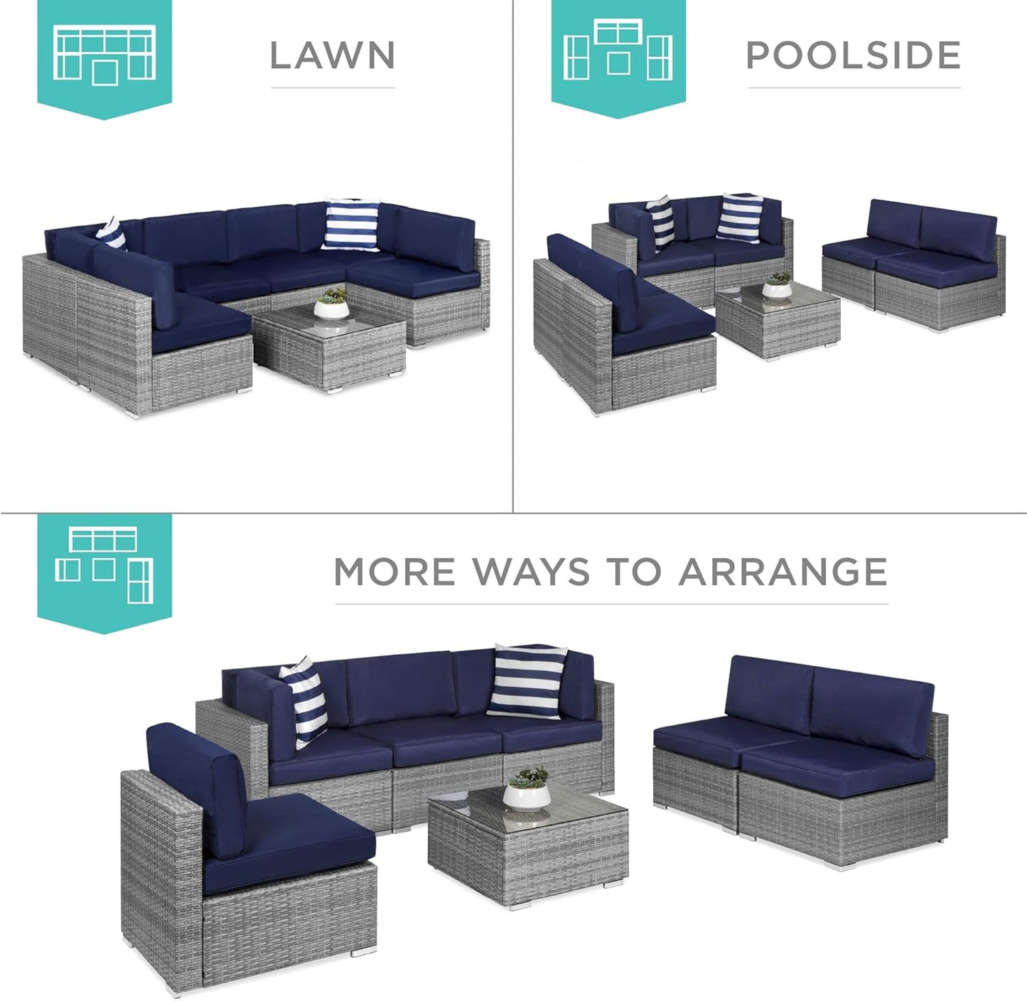 Best Choice Products 7-Piece Modular Outdoor Sectional Wicker Patio Conversation Set w/ 2 Pillows, Coffee Table, Cover Included - Gray/Navy