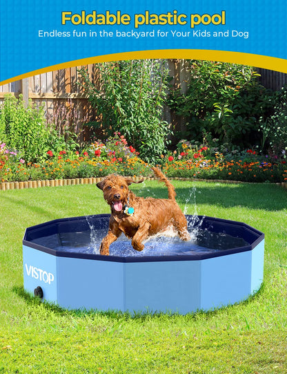 VISTOP Medium Foldable Dog Pool, Hard Plastic Shell Portable Swimming Pool for Dogs Cats and Kids Pet Puppy Bathing Tub Collapsible Kiddie Pool (37 inch.D x 7.8inch.H, Blue)