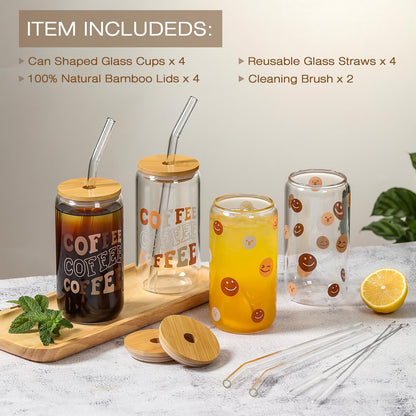 NETANY Drinking Glasses with Bamboo Lids and Glass Straw 4pcs Set - 16oz Can Shaped Glass Cups, Beer Glasses, Iced Coffee Glasses, Cute Tea Cup, Ideal for Cocktail, Whiskey, Gift - 2 Cleaning Brushes