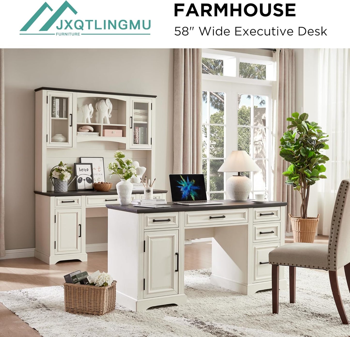 JXQTLINGMU 58" Executive Desk, Farmhouse Computer Desk with Drawers and Cabinet, Embossed Texture Home Office Desk, Workspace for Work Study Writing, Off White