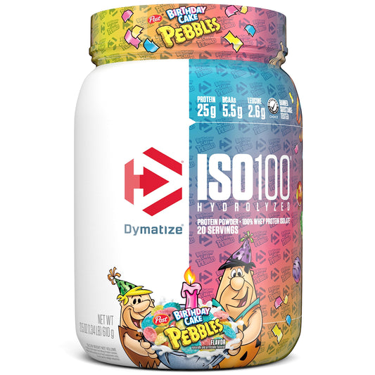 Dymatize ISO 100 Whey Protein Powder with 25g of Hydrolyzed 100% Whey Isolate, Gluten Free, Fast Digesting, Birthday Cake Pebbles, 20 servings