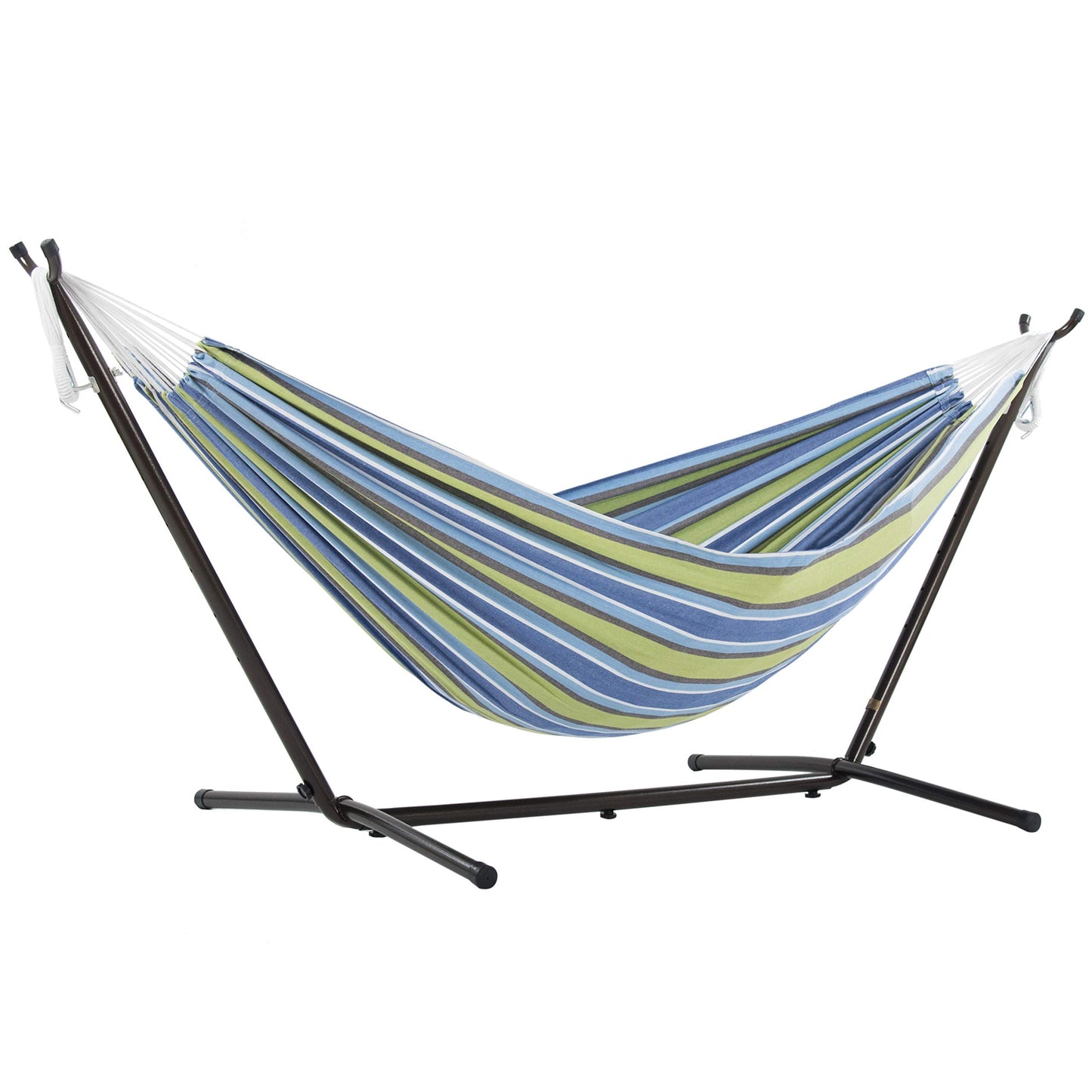 Vivere Double Hammock with Space Saving Steel Stand, Natural (450 lb Capacity - Premium Carry Bag Included)