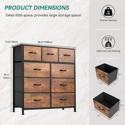 DWVO Dresser with 9 Drawers - Fabric Storage Tower, Organizer Unit for Living Room, Hallway - Sturdy Steel Frame, Wooden Top & Easy Pull Fabric Bins