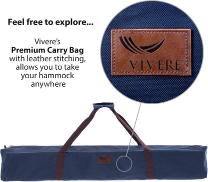 Vivere Double Hammock with Space Saving Steel Stand, Natural (450 lb Capacity - Premium Carry Bag Included)