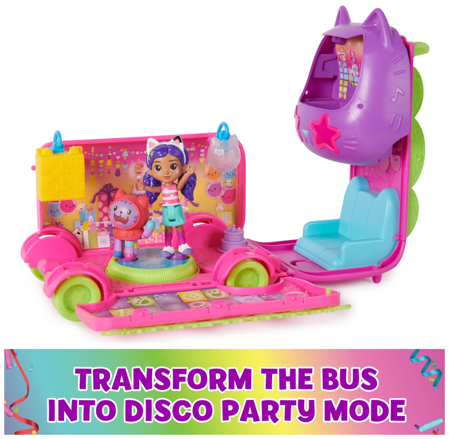 Gabby's Dollhouse Celebration Party Bus, Transforming Playset with Gabby & DJ Catnip Toy Figures & Dollhouse Accessories, Kids Toys for Ages 3 and Up