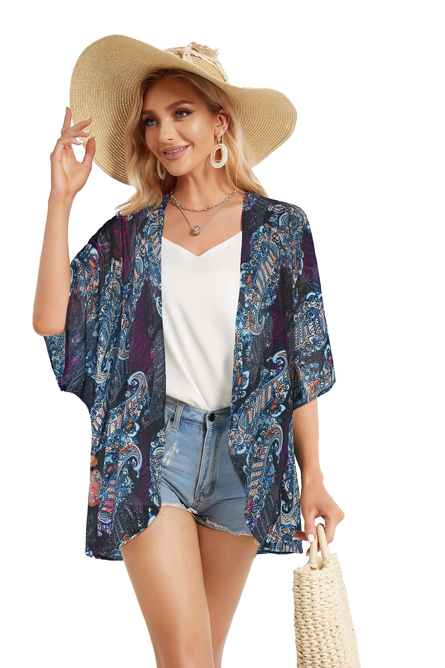 Women's Floral Print Puff Sleeve Kimono Cardigan Loose Cover Up Casual Blouse Tops