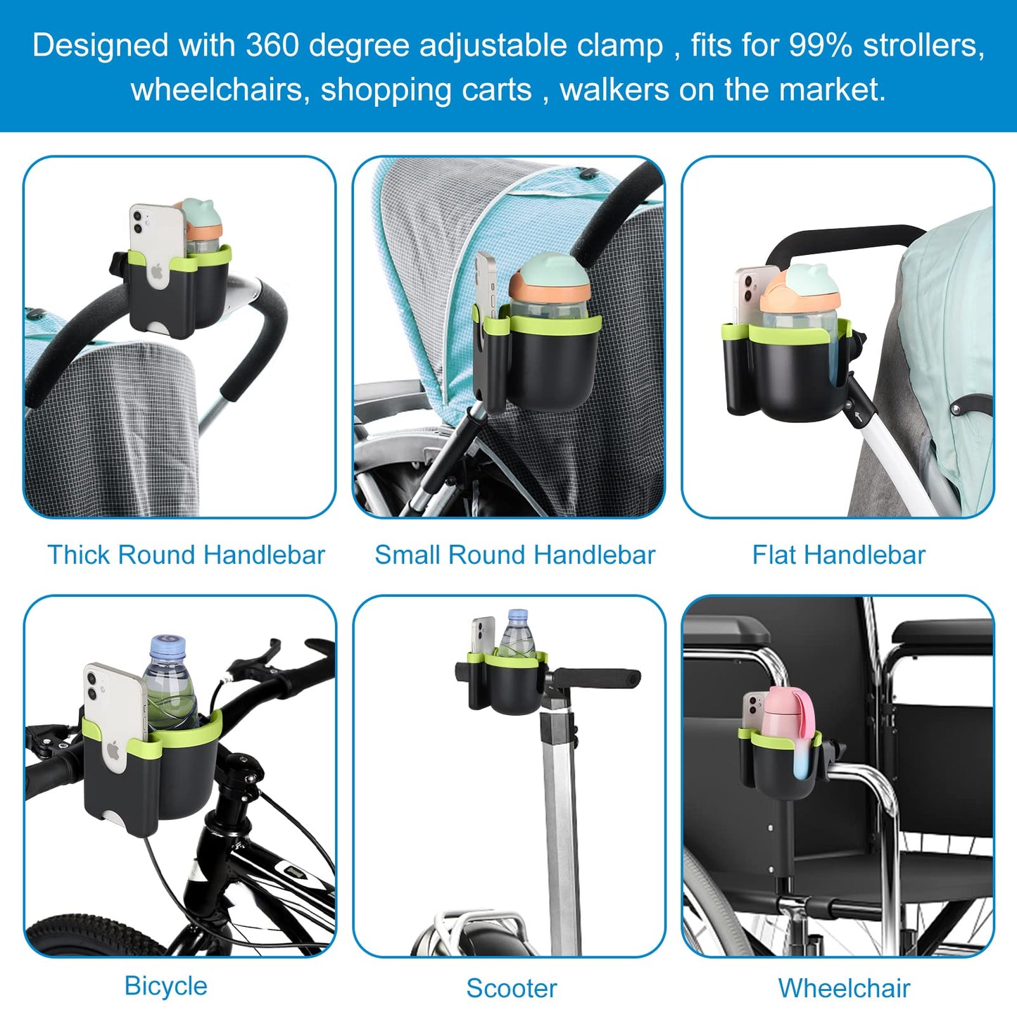 Accmor Stroller Cup Holder with Phone Holder, Bike Cup Holder, Universal Cup Holder for Uppababy Nuna Doona Strollers, 2-in-1 Cup Phone Holder for Stroller, Bike, Wheelchair, Walker, Scooter