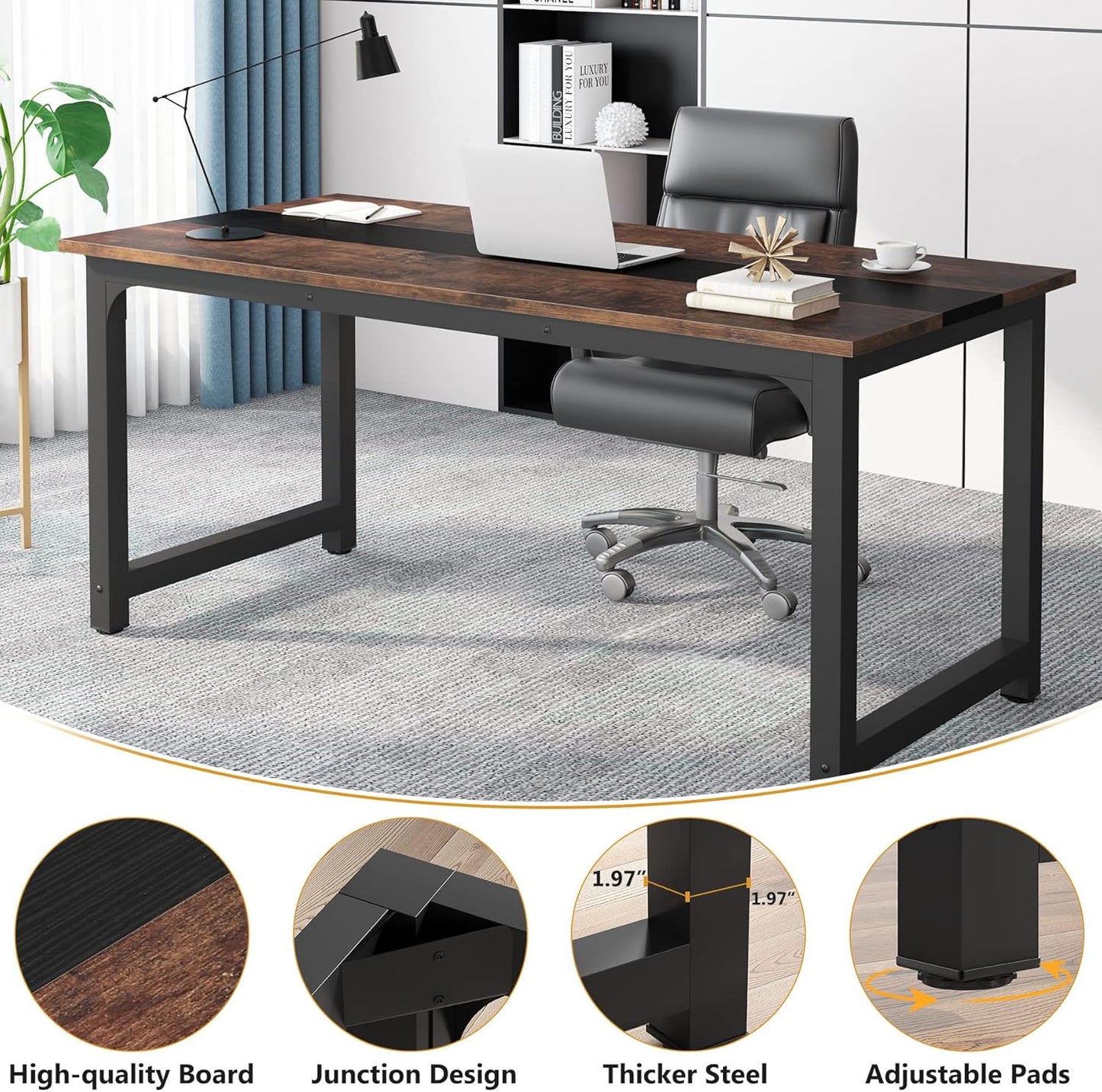 Tribesigns 70.8”Executive Desk, Large Office Computer Desk with Thicken Frame, Modern Simple Workstation Business Furniture for Home Office, Vintage Brown/Black