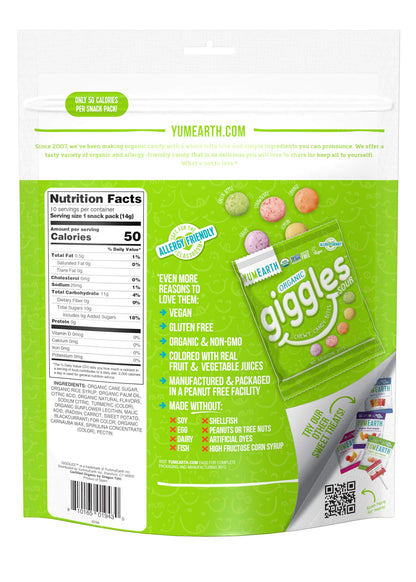 YumEarth Organic Sour Giggles Chewy Candy - Allergy Friendly (Top 9 Free), No Artificial Dyes or Flavors, Non GMO, Gluten Free, Vegan - Individually Wrapped Sour Snack Packs - 0.5 Ounce (Pack of 10)