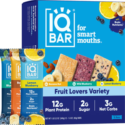 IQBAR Brain and Body Plant Protein Bars - Almond Butter Chip - 12 Count, Low Carb, High Fiber, Gluten Free, Vegan Snacks - Low Sugar Keto Energy Bars