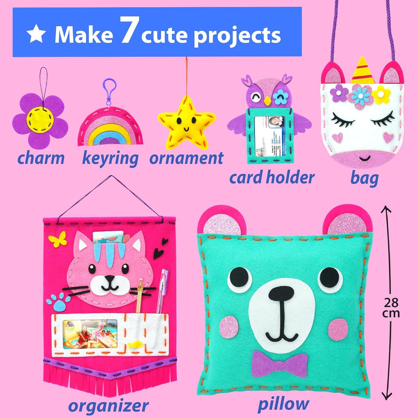 KRAFUN My First Sewing Kit for Beginner Kids Arts & Crafts, 7 Easy DIY Projects of Stuffed Animal Dolls and Plush Pillow Craft, Instructions & Felt, Gift for Girls, Boys, Learn to Sew, Embroidery