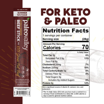 Paleovalley 100% Grass Fed Original Beef Sticks - Delicious Gluten Free Beef Snack - High Protein Keto Friendly