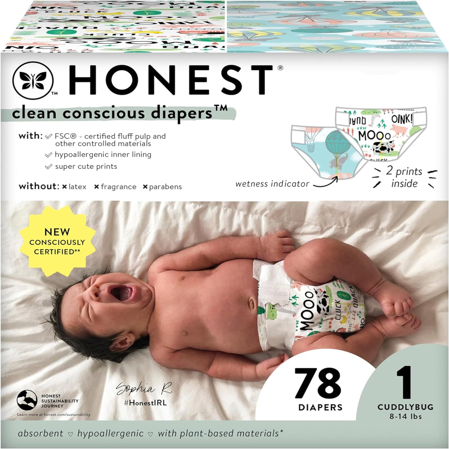 The Honest Company Clean Conscious Diapers | Plant-Based, Sustainable | Above It All + Pandas | Club Box, Size Newborn, 72 Count