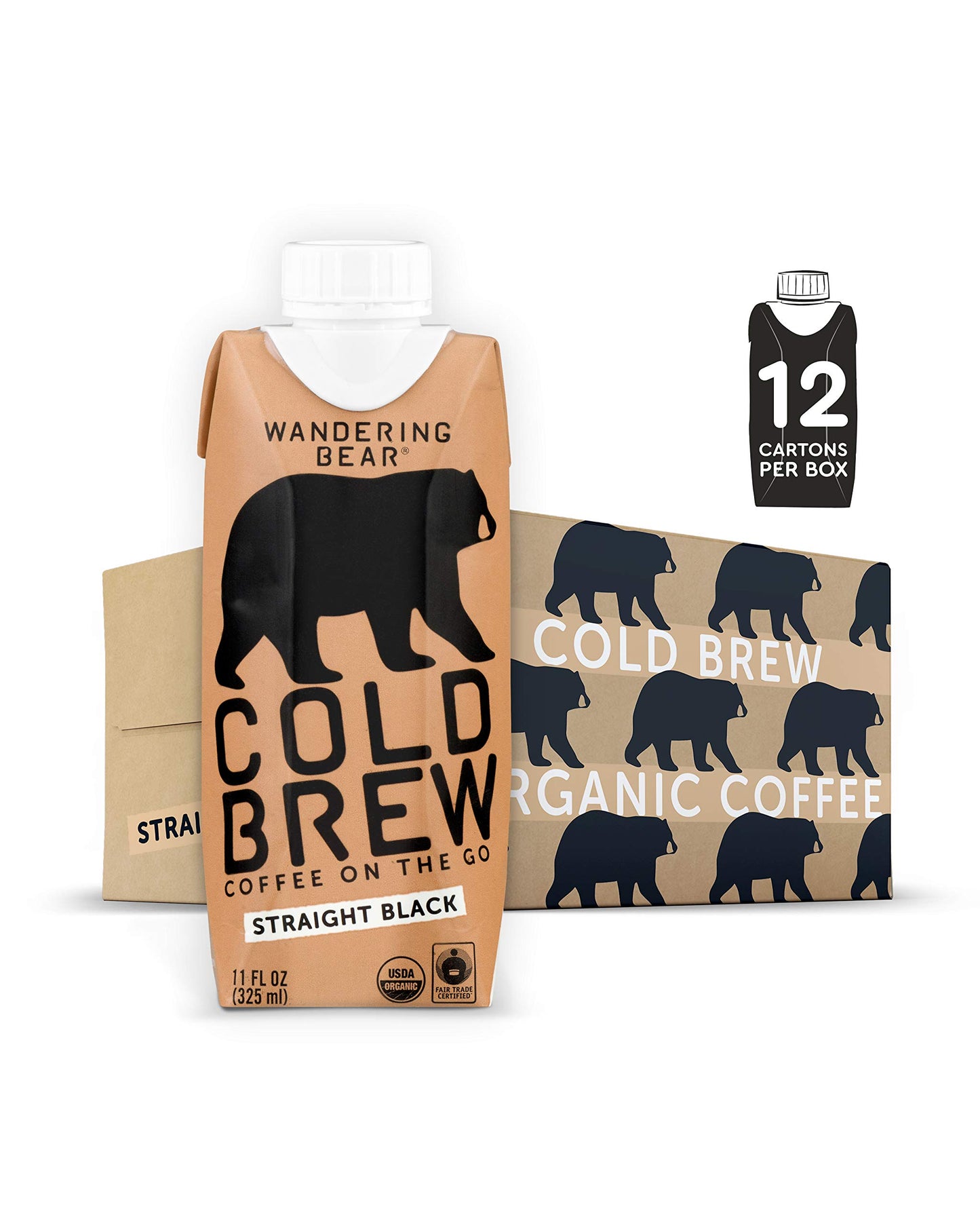 Wandering Bear Straight Black Organic Cold Brew Coffee On Tap, 96 fl oz - Extra Strong, Smooth, Unsweetened, Shelf-Stable, and Ready to Drink Iced Coffee, Cold Brewed Coffee, Cold Coffee