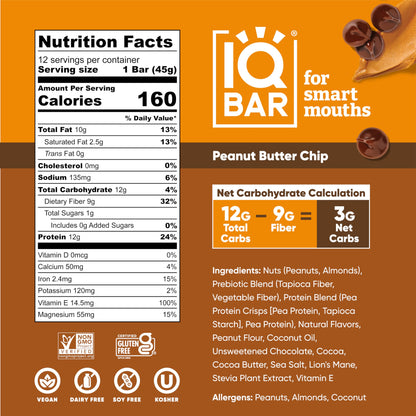 IQBAR Brain and Body Plant Protein Bars - Almond Butter Chip - 12 Count, Low Carb, High Fiber, Gluten Free, Vegan Snacks - Low Sugar Keto Energy Bars