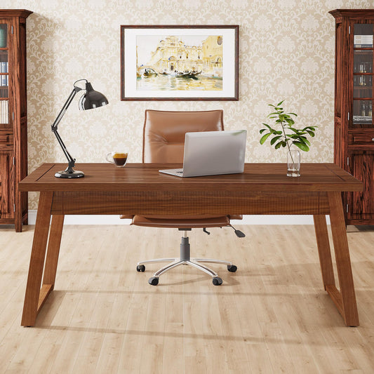 Tribesigns Home Office Executive Desk: 55 Inches Solid Wood Computer Desk with Drawer, Mid-Century Modern Study Writing Table, Rustic PC Laptop Desk Workstation Furniture, Walnut Brown