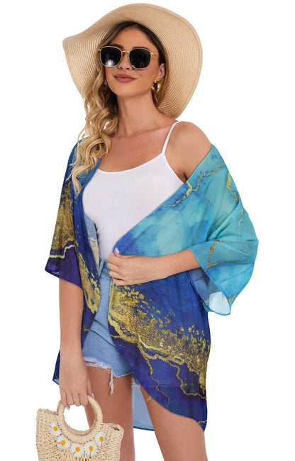 Women's Floral Print Puff Sleeve Kimono Cardigan Loose Cover Up Casual Blouse Tops