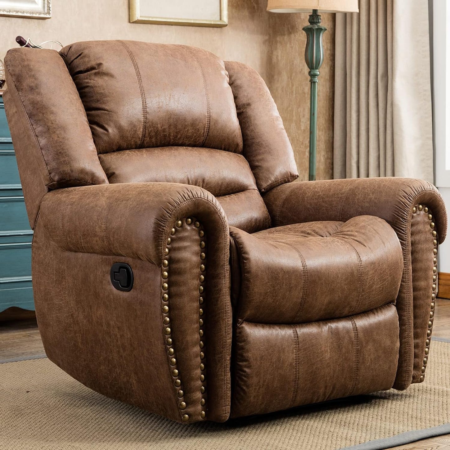 CANMOV Leather Recliner Chair, Classic and Traditional Manual Recliner Chair with Comfortable Arms and Back Single Sofa for Living Room, Nut Brown