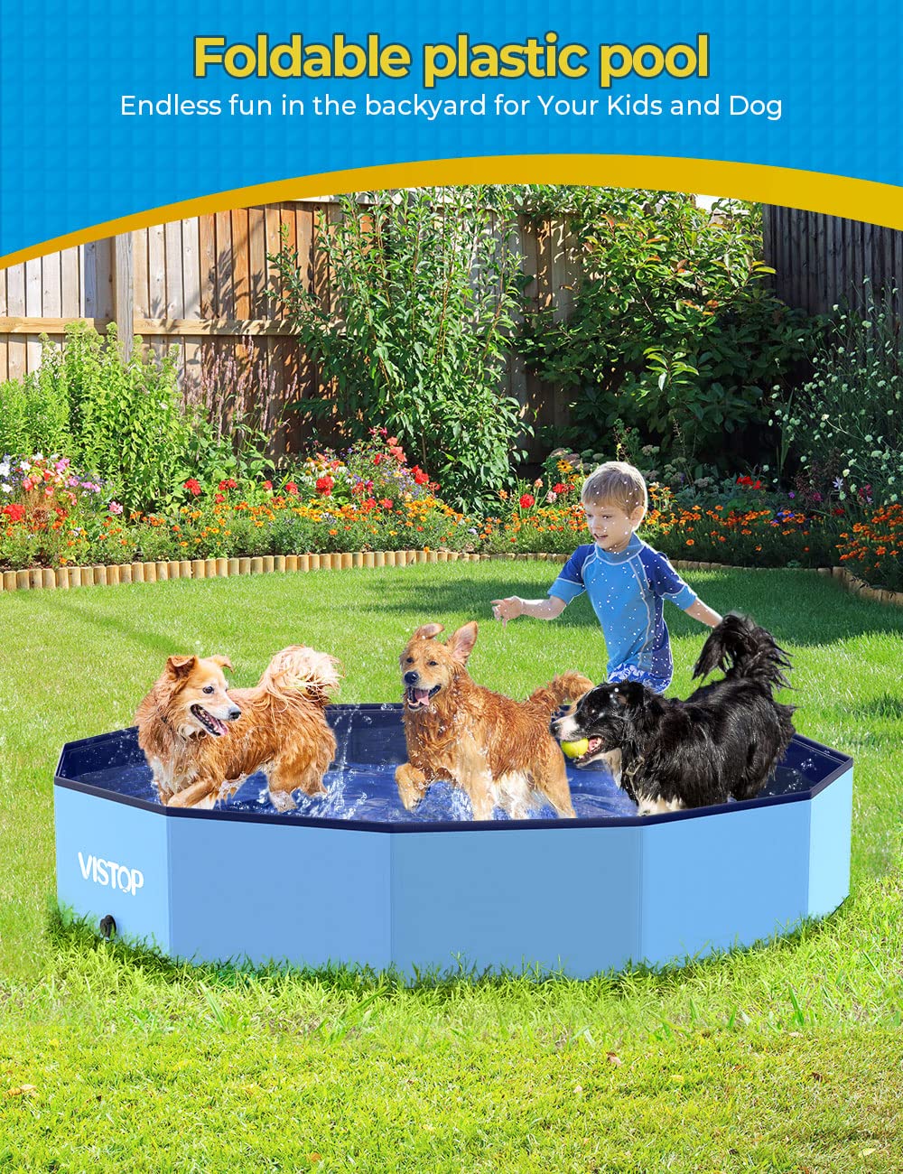 VISTOP Medium Foldable Dog Pool, Hard Plastic Shell Portable Swimming Pool for Dogs Cats and Kids Pet Puppy Bathing Tub Collapsible Kiddie Pool (37 inch.D x 7.8inch.H, Blue)