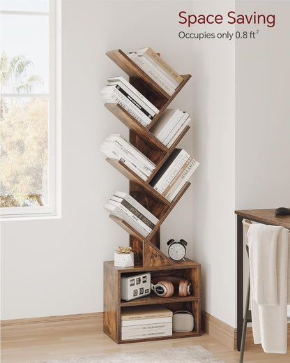 SUNMORY 6 Tier Tree Bookshelf, Small Bookcase with Storage Cabinet, Modern Tall Narrow Bookshelves Organizer, Floor Standing Book Shelf for Bedroom/Living Room/Home Office/Corner, Rustic Brown