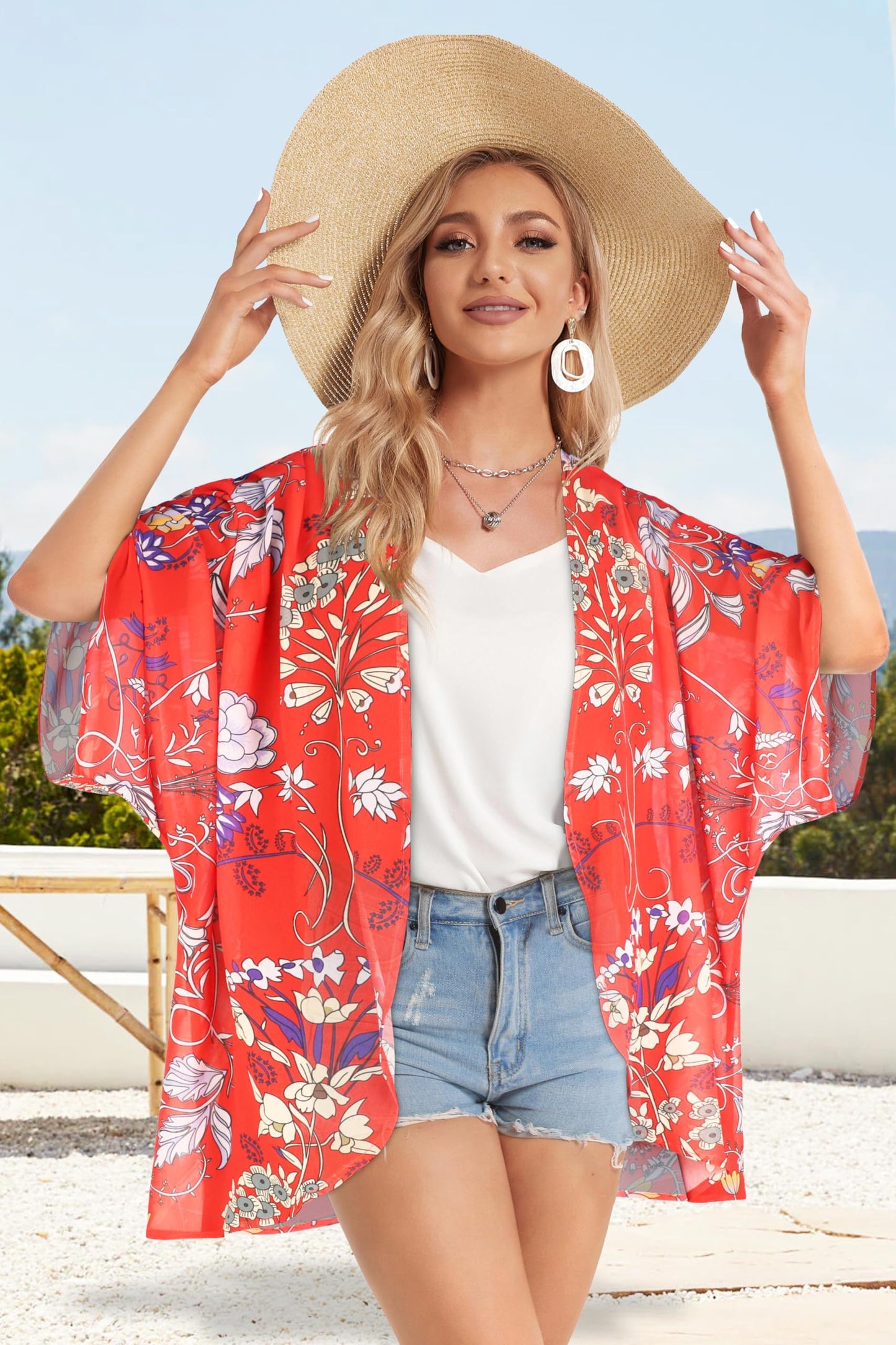 Women's Floral Print Puff Sleeve Kimono Cardigan Loose Cover Up Casual Blouse Tops