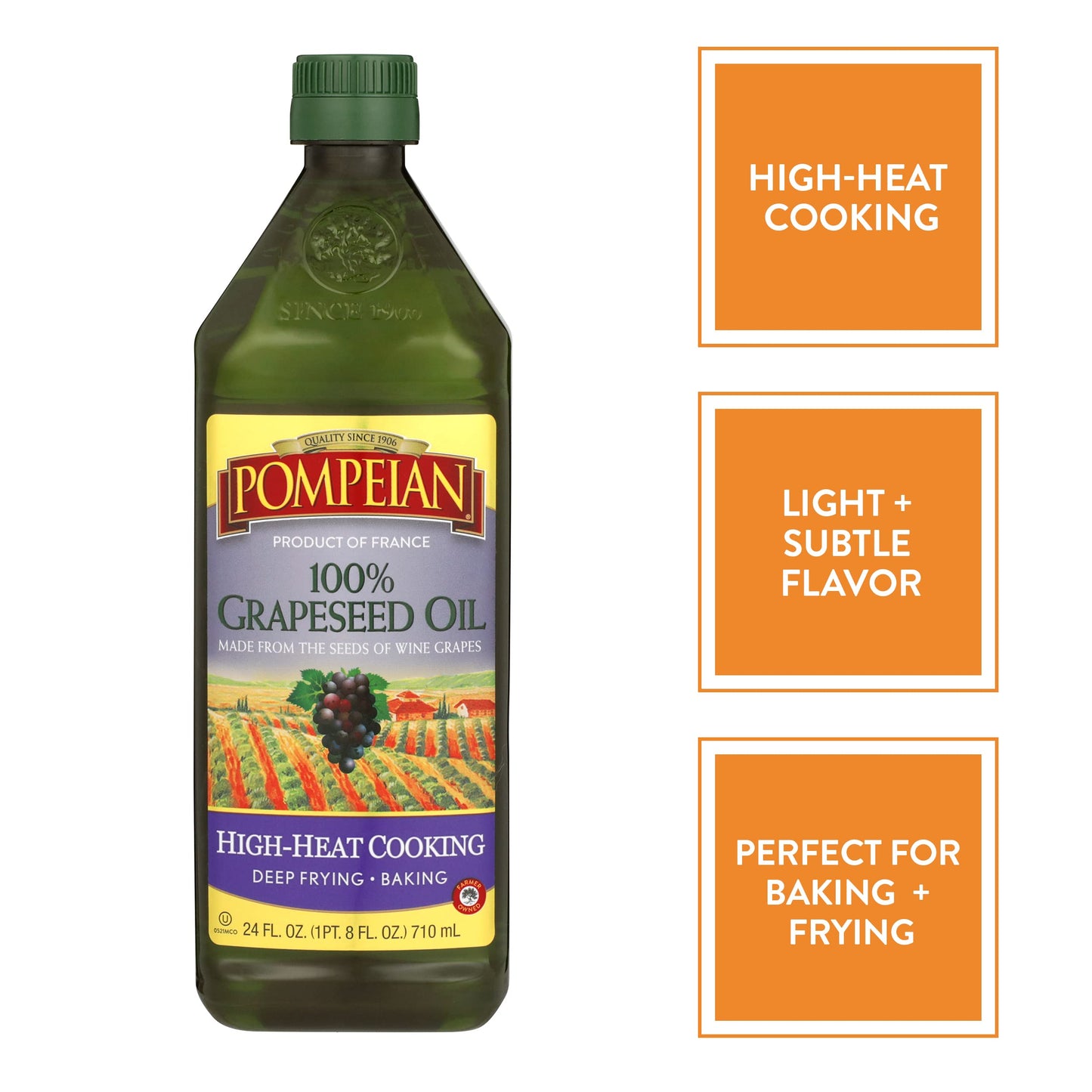 Pompeian 100% Grapeseed Oil, Light and Subtle Flavor, Perfect for High-Heat Cooking, Deep Frying and Baking, 68 FL. OZ.