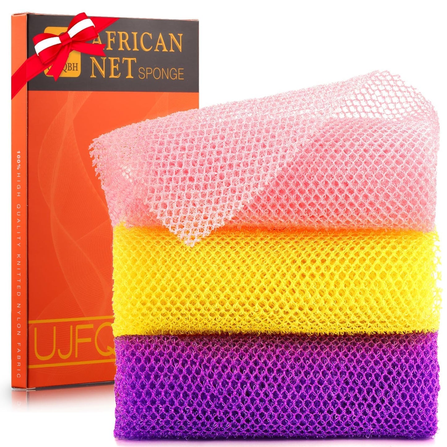 3 Pieces African Bath Sponge African Net Long Net Bath Sponge Exfoliating Shower Body Scrubber Back Scrubber Skin Smoother,Great for Daily Use (Black、Blue、Brown)