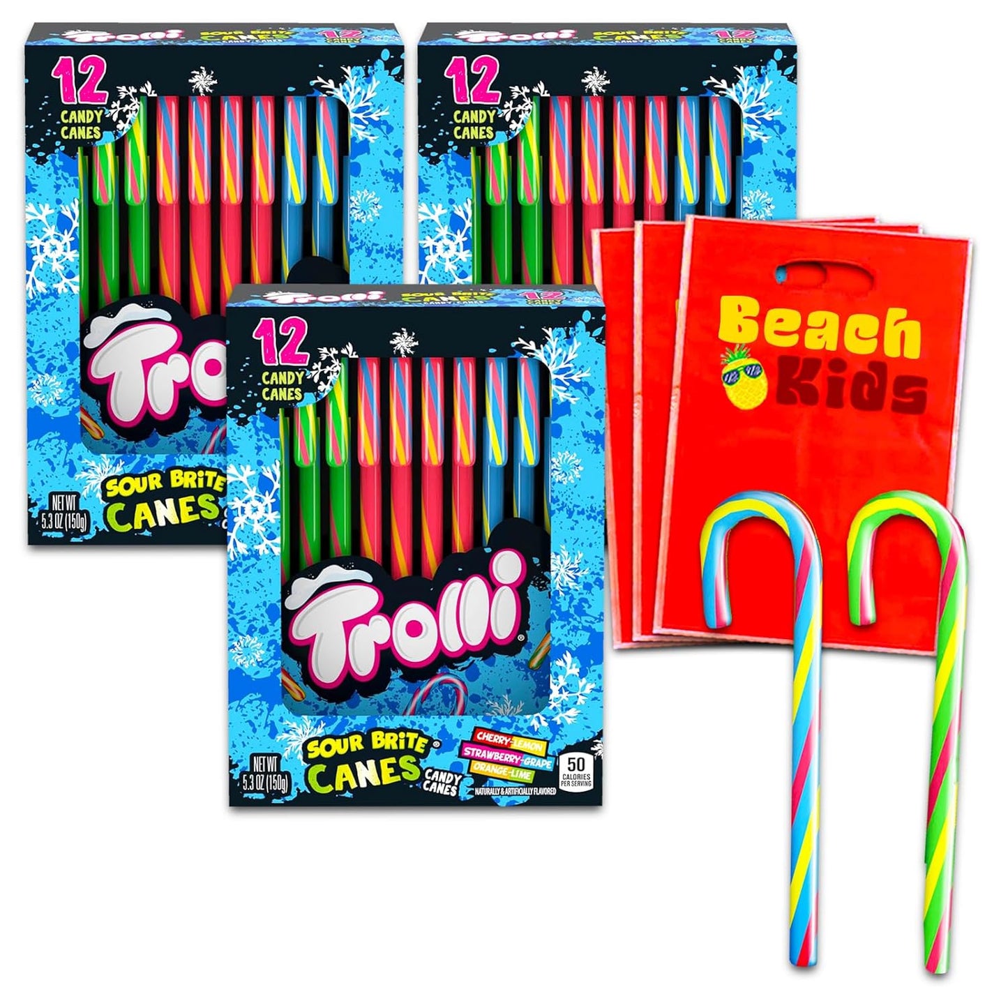 Trolli Candy Canes Bulk - Flavored Candy Canes Bundle with 36 Trolli Sour Brite Candy Canes Plus Beach Kids Red Loot Bags | Candy Canes Individually Wrapped