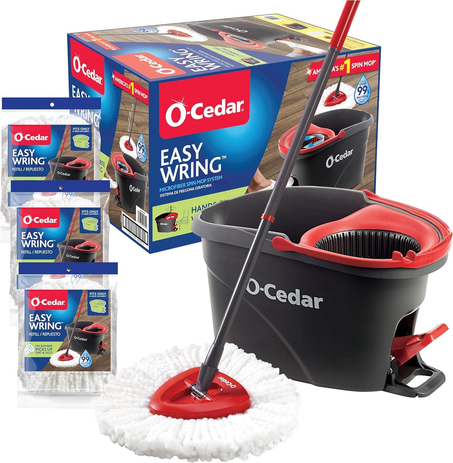 O-Cedar Easywring Microfiber Spin Mop & Bucket Floor Cleaning System with 3 Extra Refills