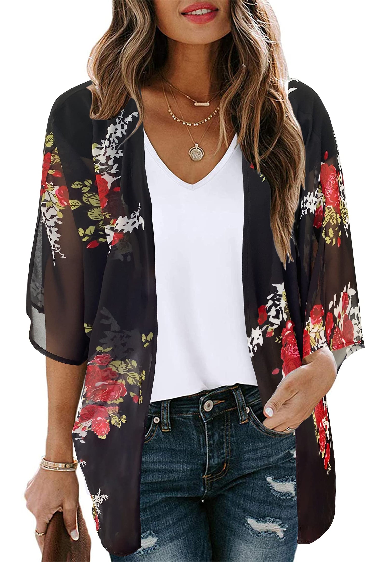 Women's Floral Print Puff Sleeve Kimono Cardigan Loose Cover Up Casual Blouse Tops