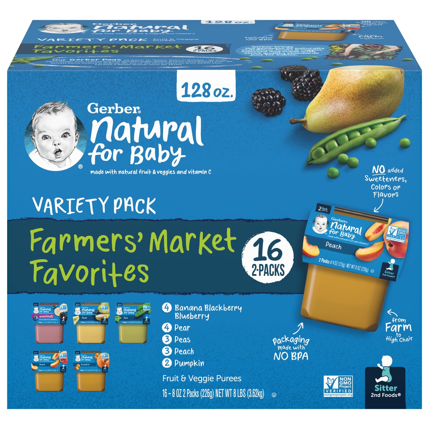 Gerber Purees 2nd Foods Veggie & Fruit Variety Pack, 8 Ounces, Box of 16 (Packaging May Vary)