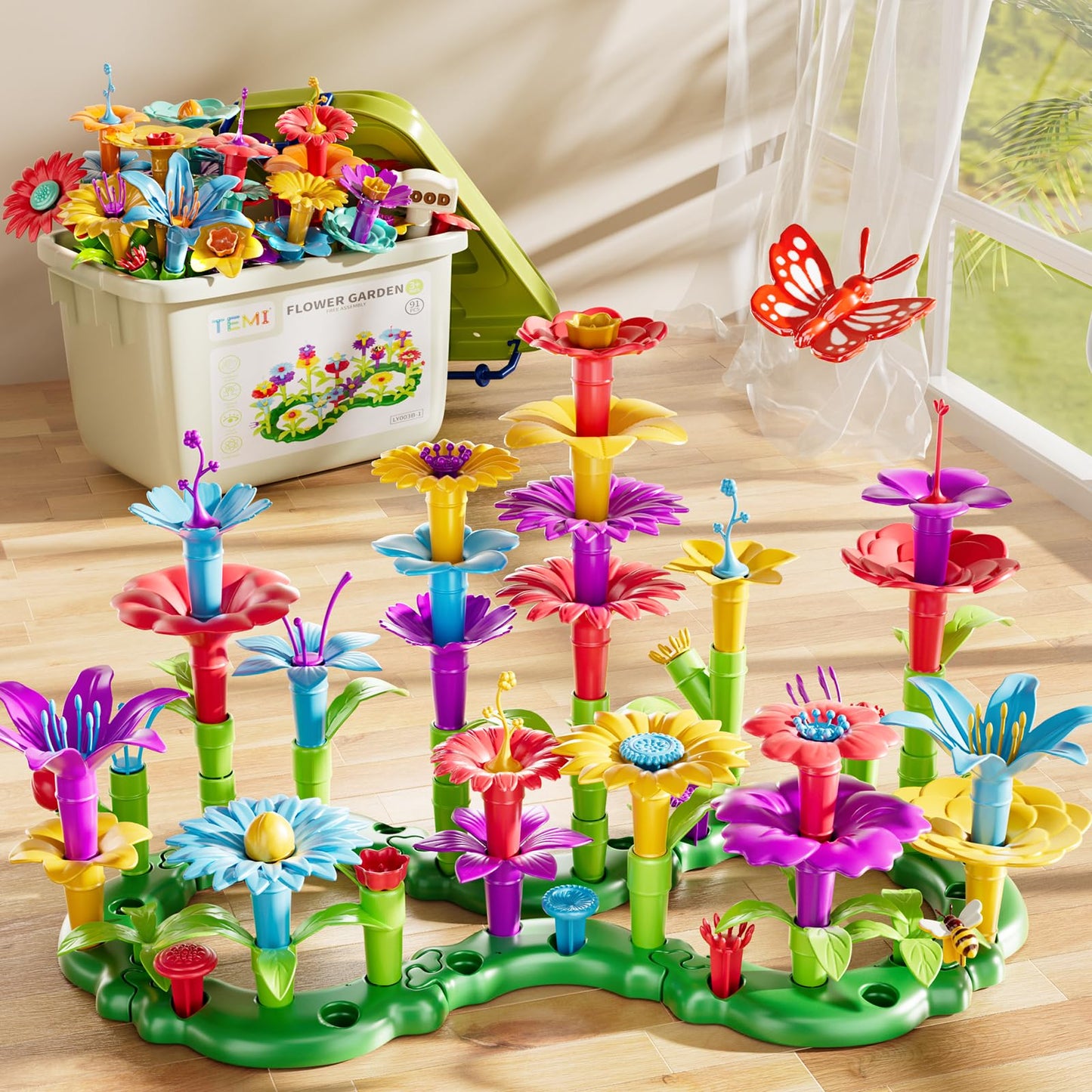 TEMI 138 PCS Educational STEM Toy and Preschool Garden Play Set for Kids Age 3-7, Flower Stacking Toys for Boys and Girls