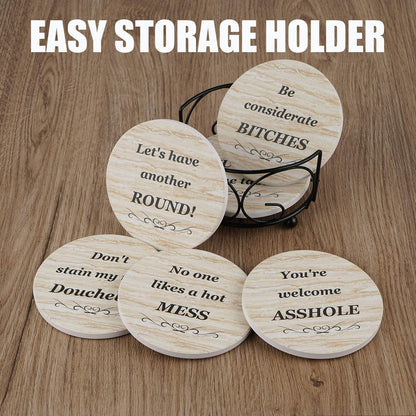 Coasters for Drinks, Funny Drink Coasters Absorbent with Holder 6 Pcs Absorbing Stone Funny Coaster Gift Set Housewarming Gift New Home Apartment Kitchen House Decor Gift for Women Men