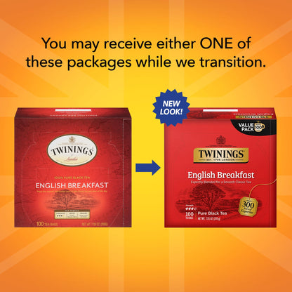 Twinings English Breakfast Black Tea, 100 Individually Wrapped Tea Bags, Smooth, Flavourful, Robust, Caffeinated, Enjoy Hot or Iced