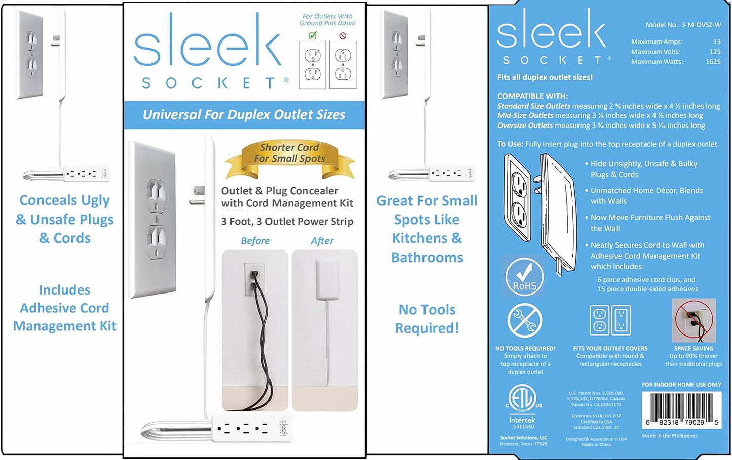 Sleek Socket Original & Patented Ultra-Thin Outlet Covers Extender with Cord Concealer Kit, Flat Extension Cord with Multiple Outlets, 3-Ft, Universal Size, Ideal for Kitchens & Behind Furniture