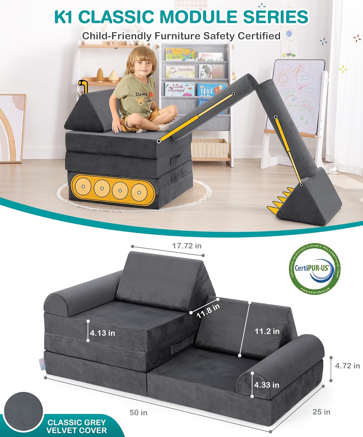 350+ DIY Modular Kids Play Couch Gift Set, Building Fort Playroom and Bedroom Essentials Furniture for Boys and Girls, Large Kids Couch for Toddlers to Teens, Space Grey