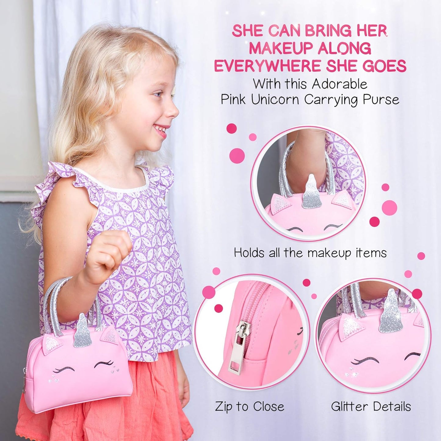 Kids Real Makeup Kit for Little Girls: with Pink Unicorn Purse - Real, Non Toxic, Washable Make Up Toy - Gift for Toddler Young Children Pretend Play Set Vanity for Ages 3 4 5 6 7 8 9 10 Years Old