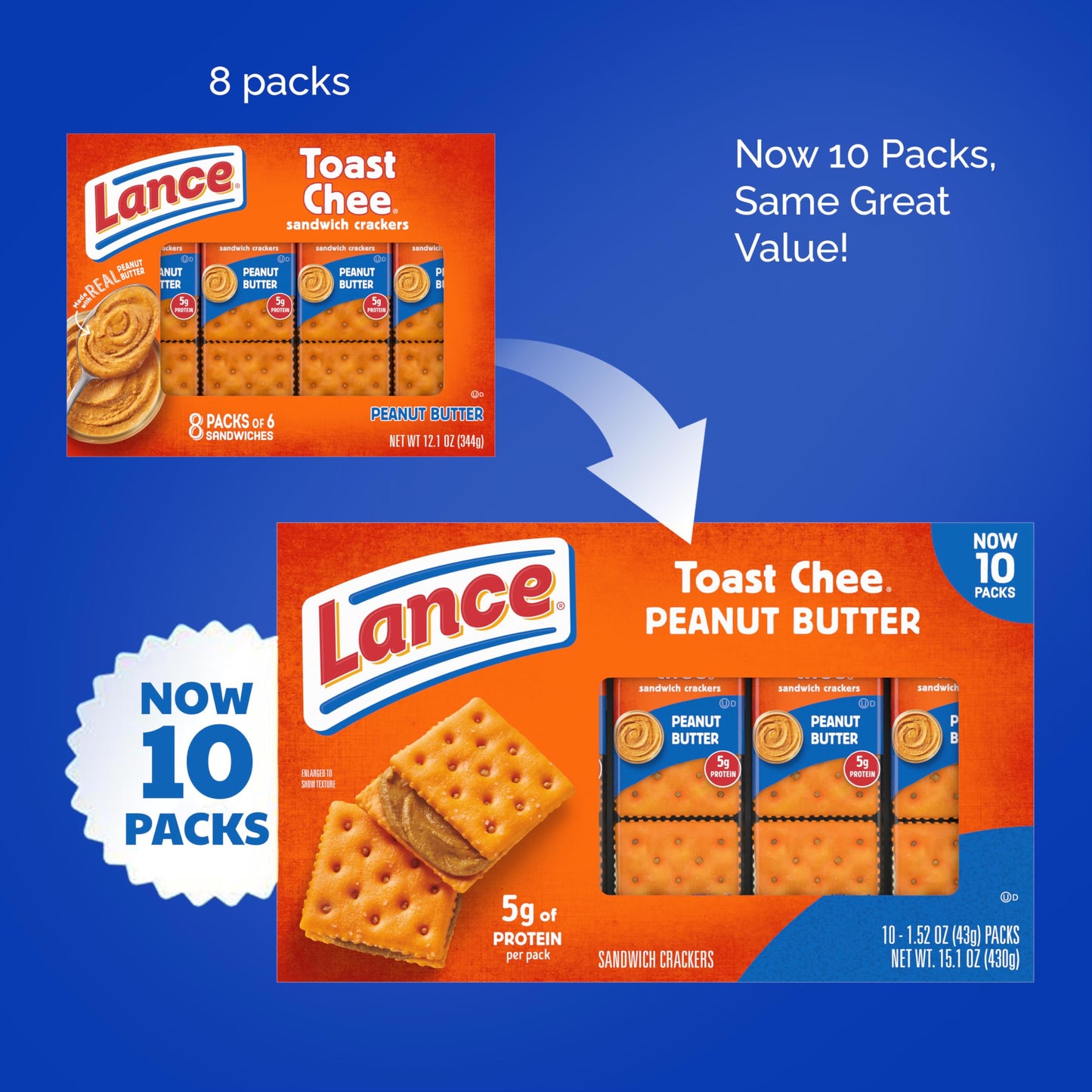 Lance Sandwich Crackers, Captain's Wafer Grilled Cheese, 10 Individual Packs, 6 Sandwiches Each