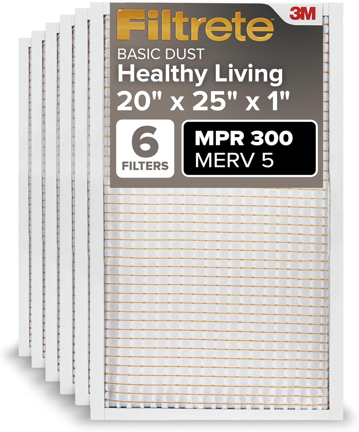 Filtrete 20x25x1 AC Furnace Air Filter, MERV 5, MPR 300, Capture Unwanted Particles, 3-Month Pleated 1-Inch Electrostatic Air Cleaning Filter, 6-Pack (Actual Size19.69x24.69x0.81 in)