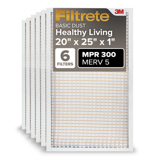 Filtrete 20x25x1 AC Furnace Air Filter, MERV 5, MPR 300, Capture Unwanted Particles, 3-Month Pleated 1-Inch Electrostatic Air Cleaning Filter, 6-Pack (Actual Size19.69x24.69x0.81 in)