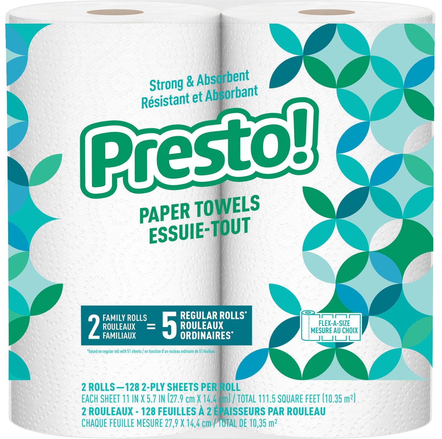 Amazon Brand - Presto! Flex-a-Size Paper Towels, 128 Sheet Family Roll, 16 Rolls (2 Packs of 8), Equivalent to 40 Regular Rolls, White