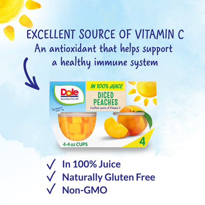 Dole Fruit Bowls Diced Peaches in 100% Juice Snacks, 4oz 12 Total Cups, Gluten & Dairy Free, Bulk Lunch Snacks for Kids & Adults