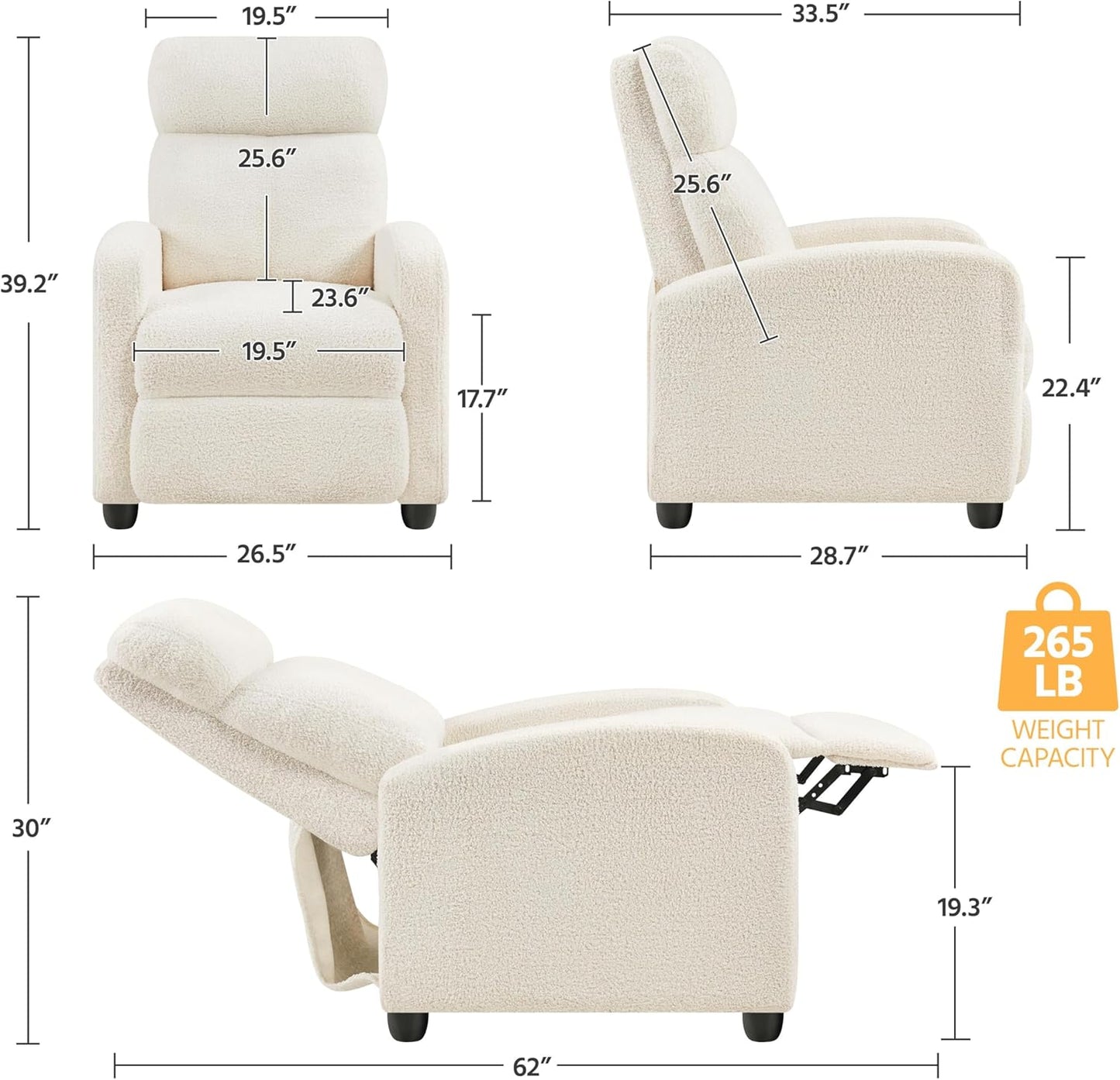 Yaheetech Fabric Recliner Chair Single Sofa Home Theater Seatting Adjustable Modern Single Reclining Chair for Living Room Bedroom Home Theater Ivory